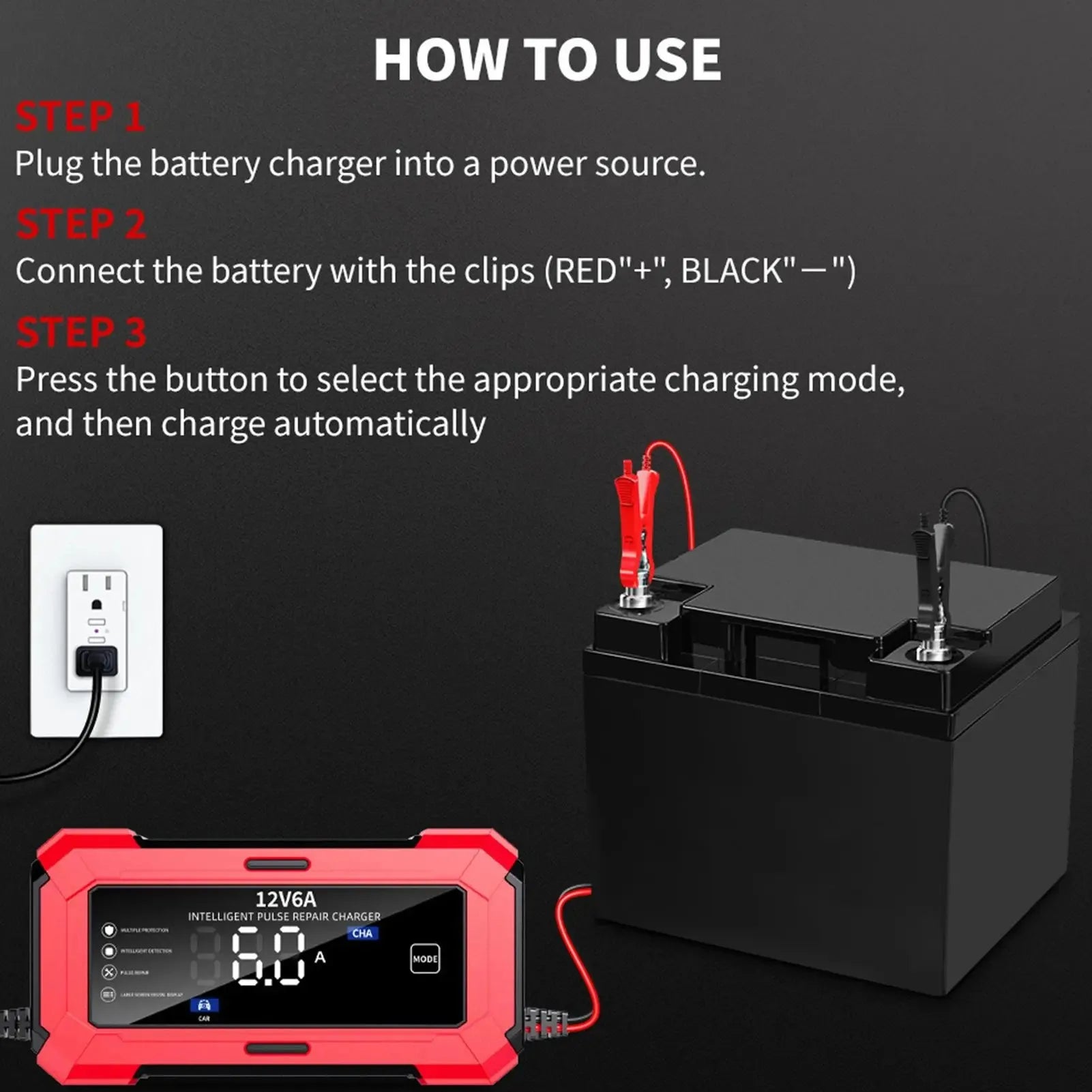Large Screen Car Battery Charge 12V 6A Battery Charger Smart Fast Charging for Car Batteries  For Car Motor AGM GEL WET etc.