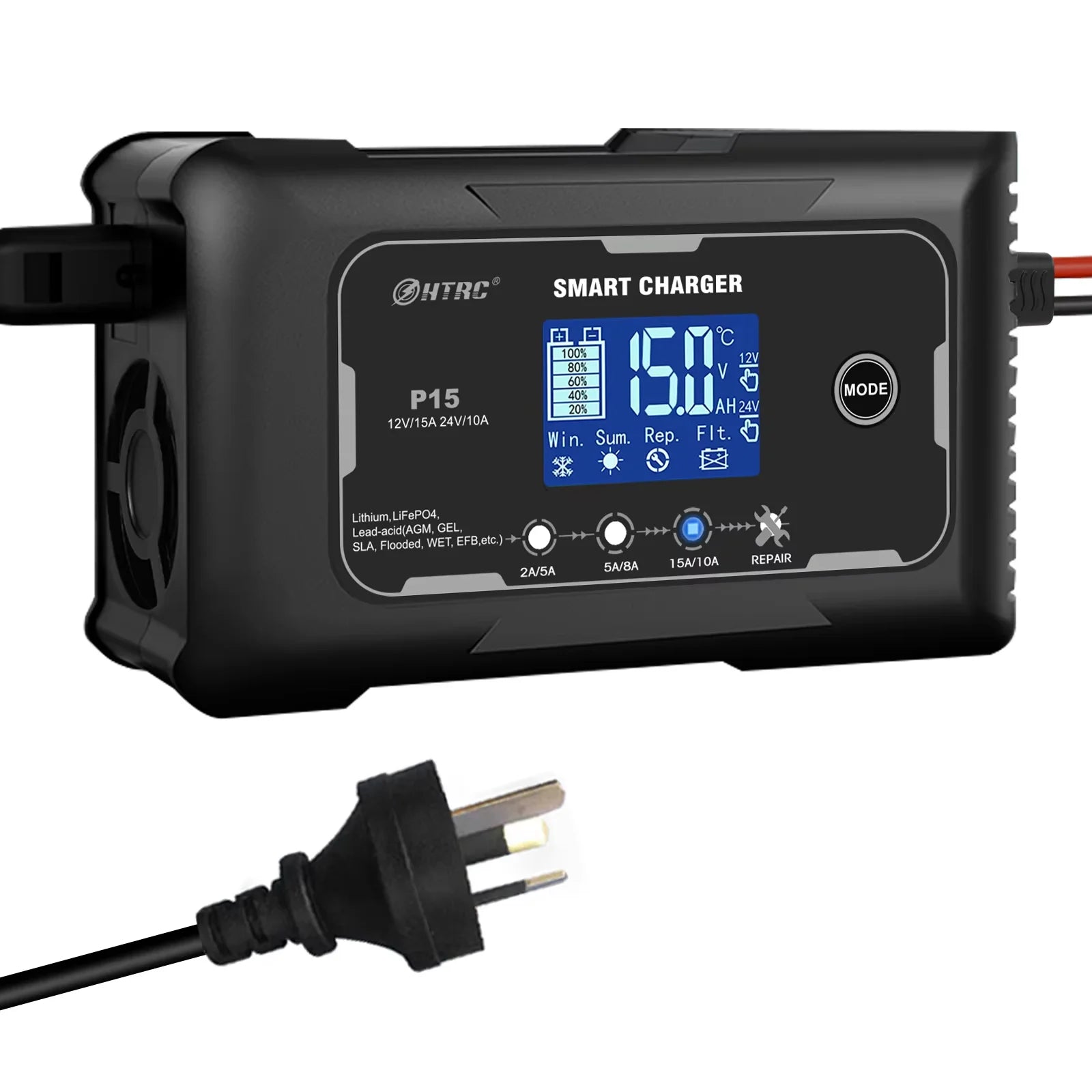 HTRC 12V/24V 15A Car Battery Charger Smart Charger for Lead-Acid PB LiFePO4 Battery 7-Stage Automatic Car Motorcycle Charger