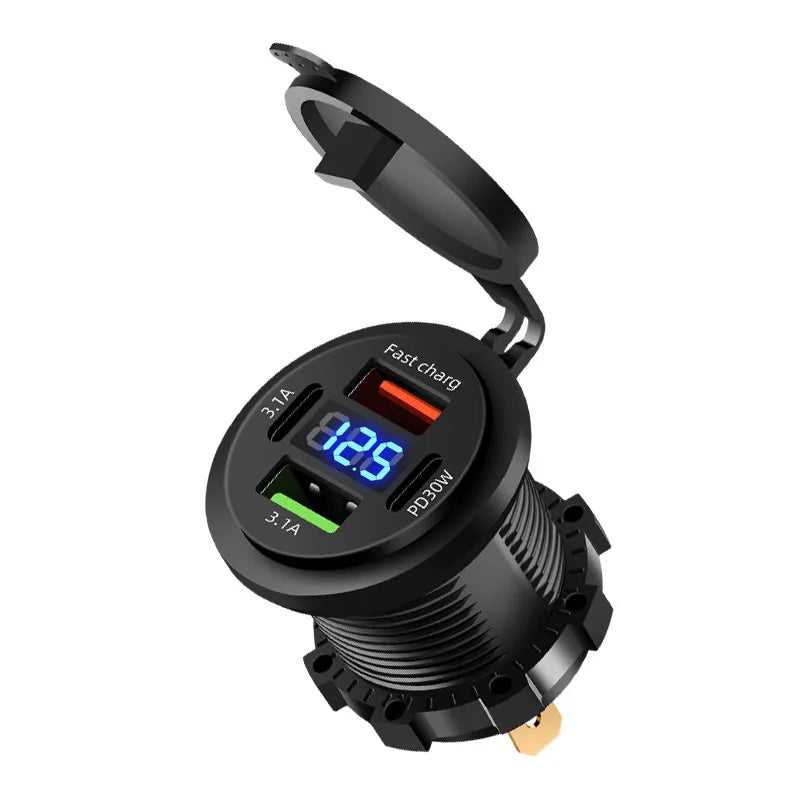 86W Car Charger PD Type C QC3.0 Fast Charging with Voltmeter Power Outlet Adapter Waterproof 12V/24V for Car Boat Motorcycle