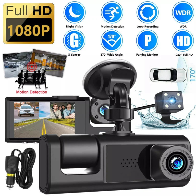 1Set 3 Channel Car DVR HD 1080P 3-Lens Inside Vehicle Dash CamThree Way Camera DVRs Recorder Video Registrator Dashcam Camcorder