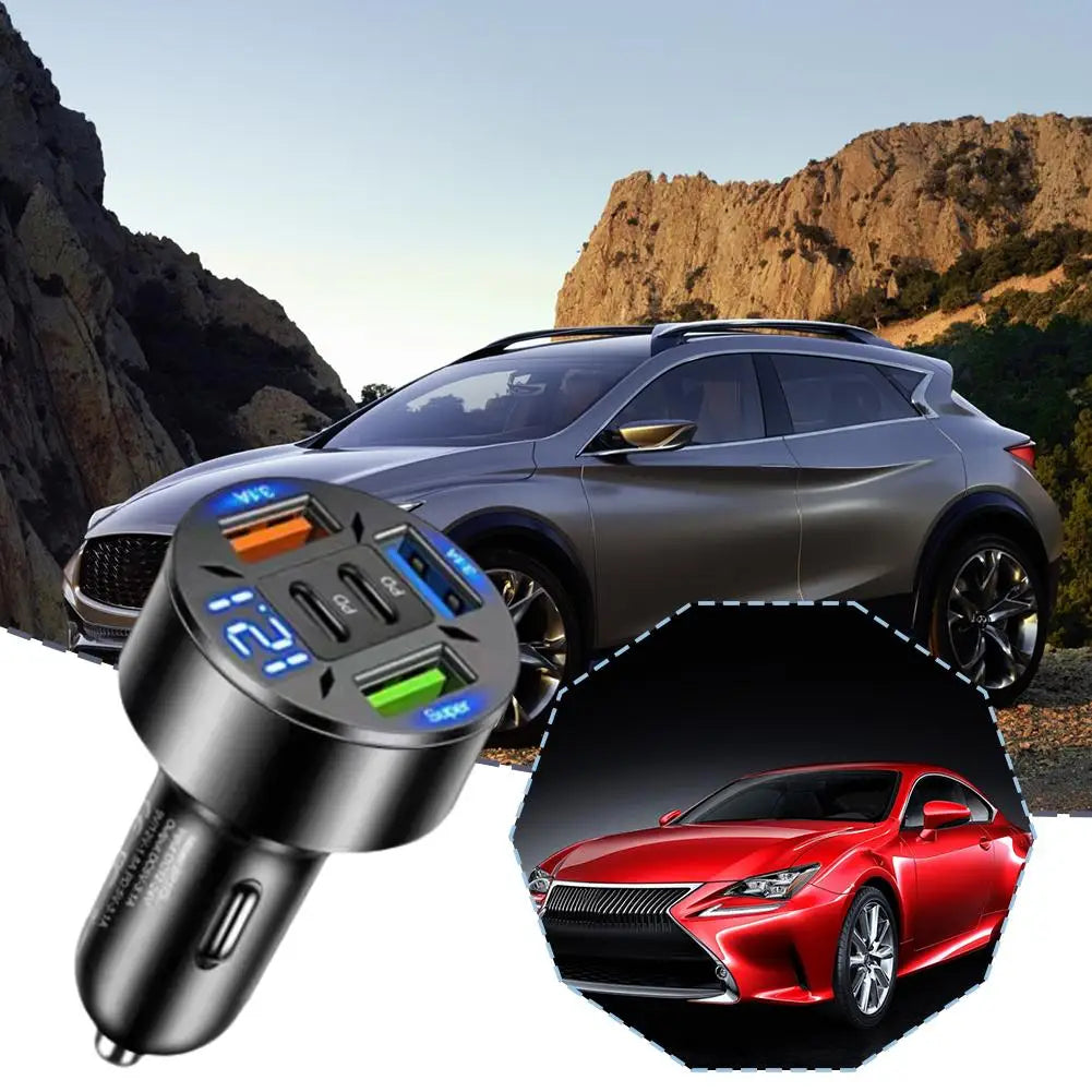 Car Charger 66W 5 Ports Fast Charging PD QC3.0 USB C Car Phone Charger Adapter With Digital Display For iPhone