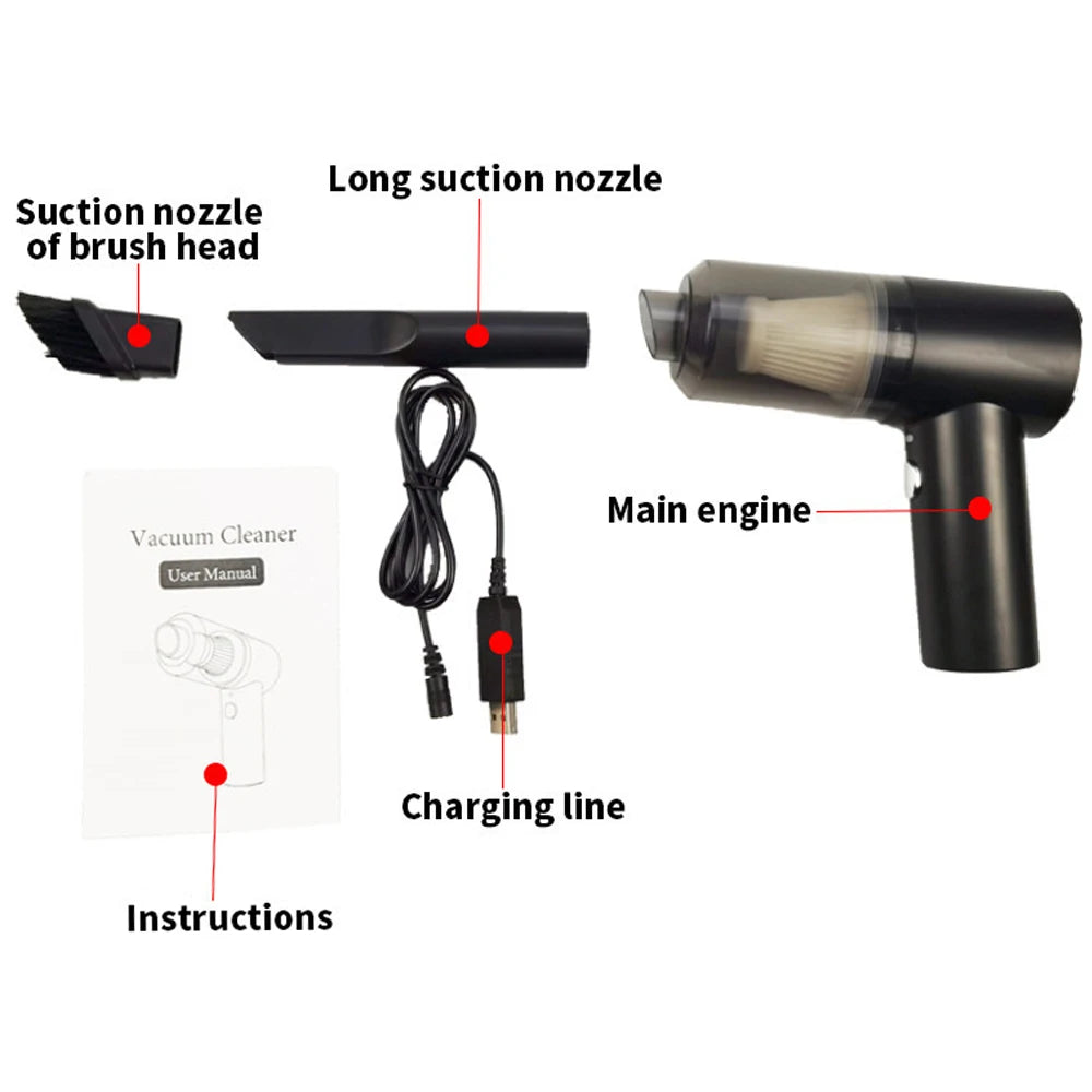 Handheld Car Vacuum 6000Pa 3In1 Cordless Vacuum LED Light 120W High Power Air Duster Black Portable Auto Home Office Pet