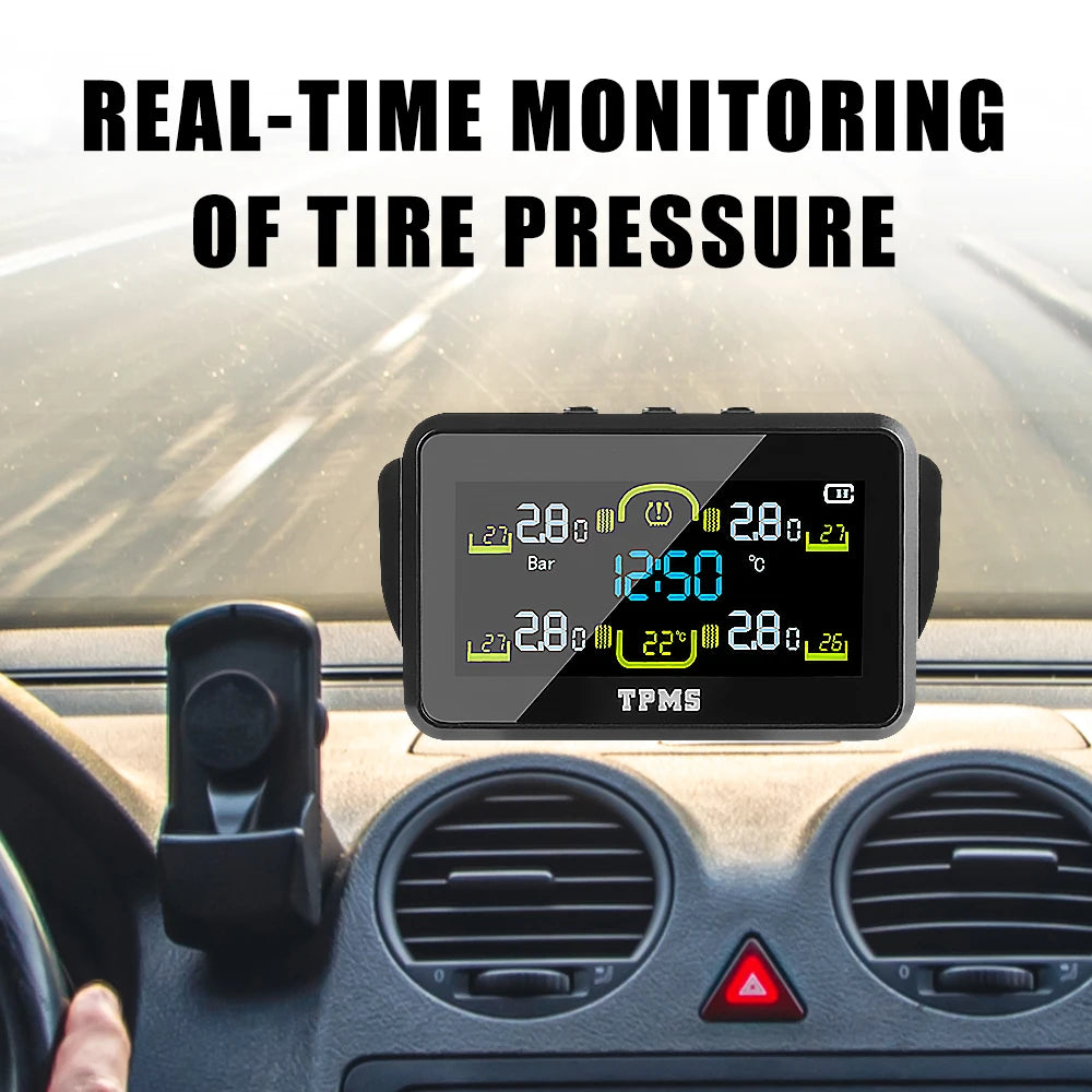 T14-1 Car Tyre Pressure Monitor With 4 External Sensors Tire Pressure Monitoring System Solar TPMS Temperature Warning Fuel Save