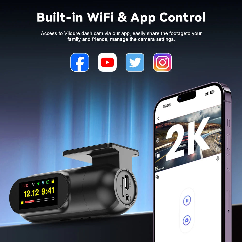 Hidden Dash Cam 2K Car Video Recorder HD Night Vision APP Control Support GPS Parking Monitoring Driving Recorder