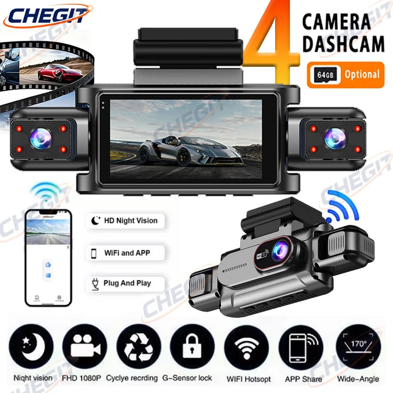 3/4 Channel Car Dash Cam Black Box WiFi Driving Camera FHD 1080P Front Left Right Rear Night Vision Loop Recording Hardwireki