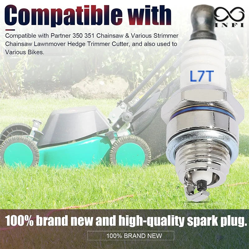 2 bujías L7T para motores de 2 tiempos de 33-49 cc. Compatibles con motosierras, cortacéspedes, cortasetos, desbrozadoras, minicortacéspedes y bicicletas.