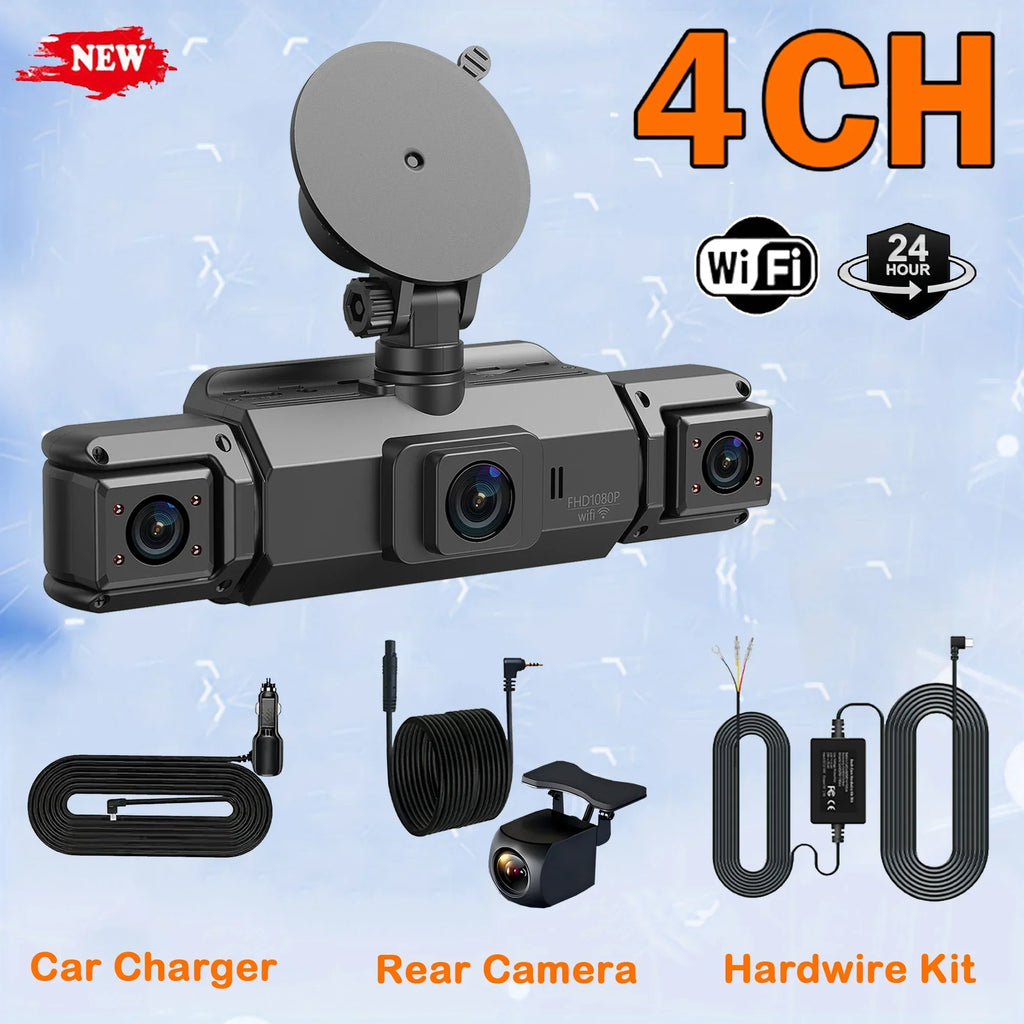 Car Dash Cam 4 Channel Driving Camera with WiFi GPS 1080P Front Left Right Rear Night Vision Loop Recording 24H Parking Monitor
