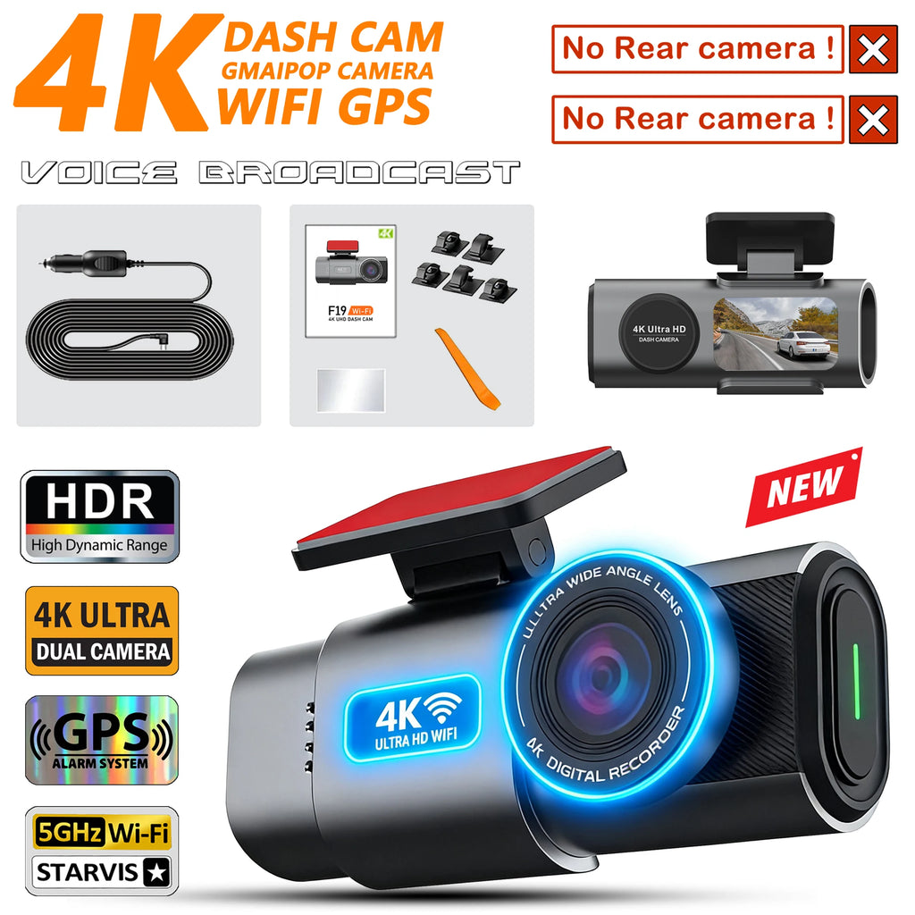 Dash Cam 4K UHD Recording Car Camera DVR HDR Night Vision Video Recorder Built-In Wi-Fi Support GPS 24H Parking APP Monitor