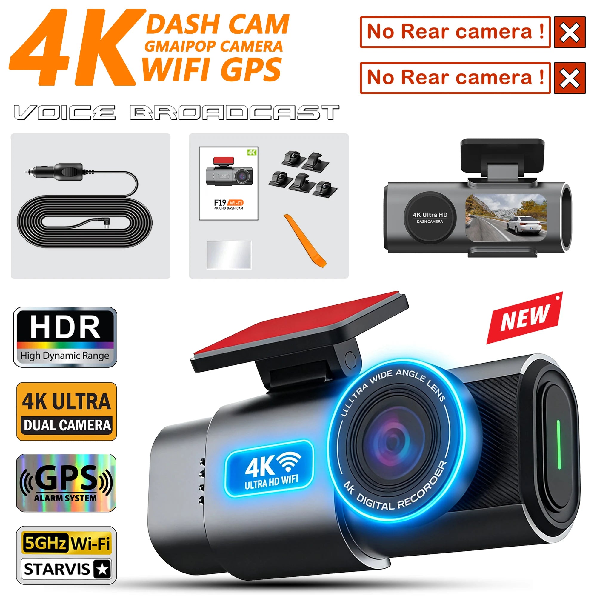 Dash Cam 4K UHD Recording Car Camera DVR HDR Night Vision Video Recorder Built-In Wi-Fi Support GPS 24H Parking APP Monitor