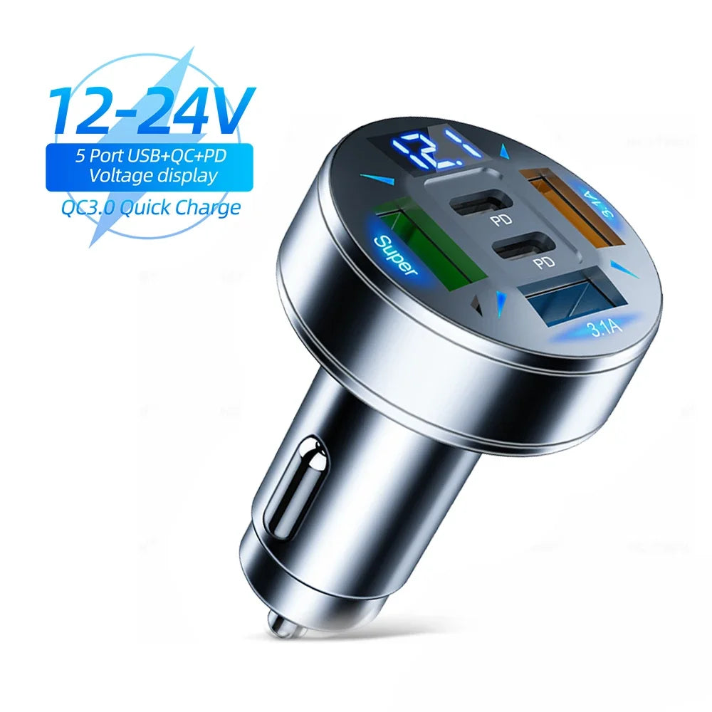 250W Fast Charger 3 Ports USB 2 Ports PD Car Charging Mobile Phone Type-C Adapter Quick Charger in Car for iPhone Xiaomi