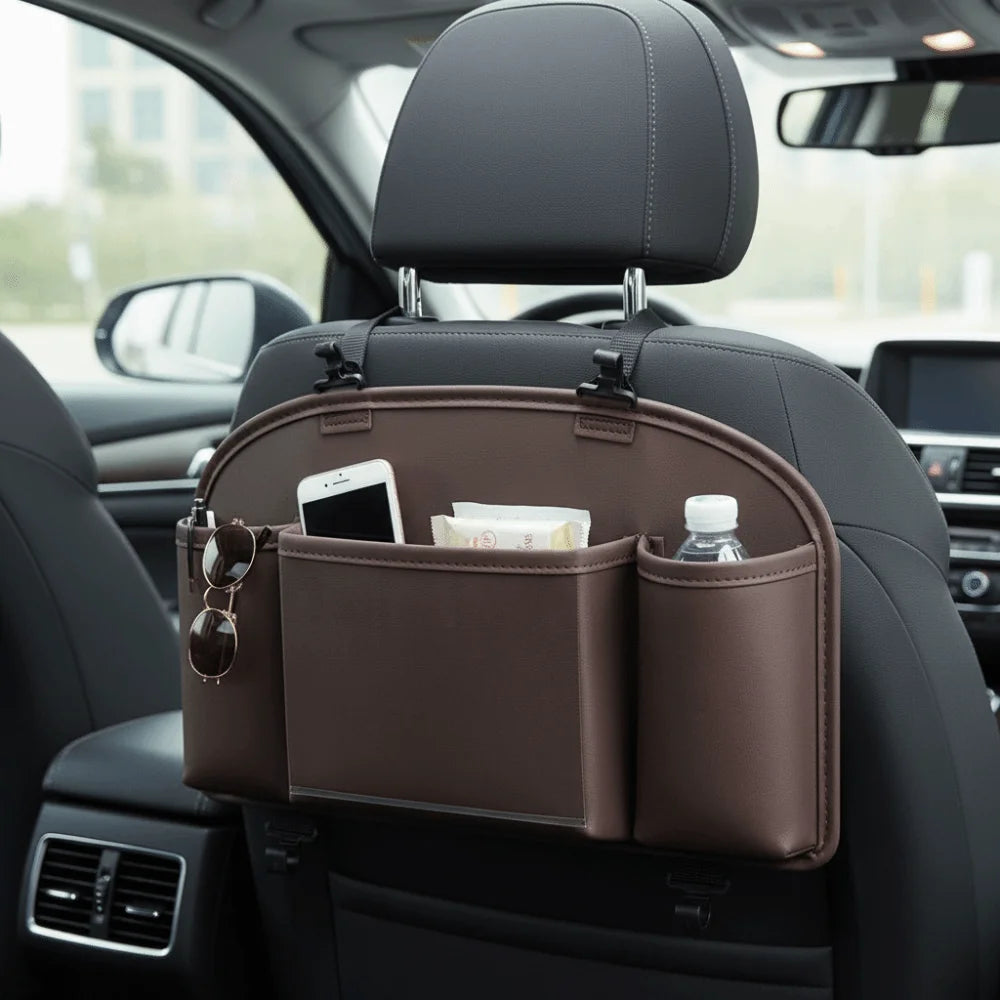 Leather Material Car Back Seat Organizer Hanging Storage Bag Multifunctional Design Car Organizer Tissue Box Holder