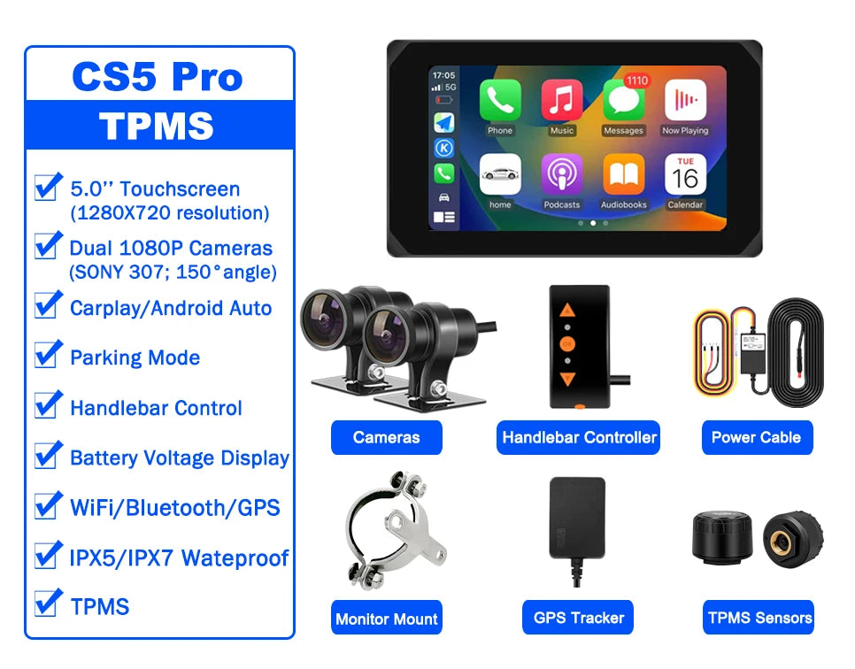 VSYS Carplay Android Auto Motorcycle Dash Cam 5.0'' Touchscreen with Dual 1080P Waterproof Cameras TPMS Parking Mode WiFi App