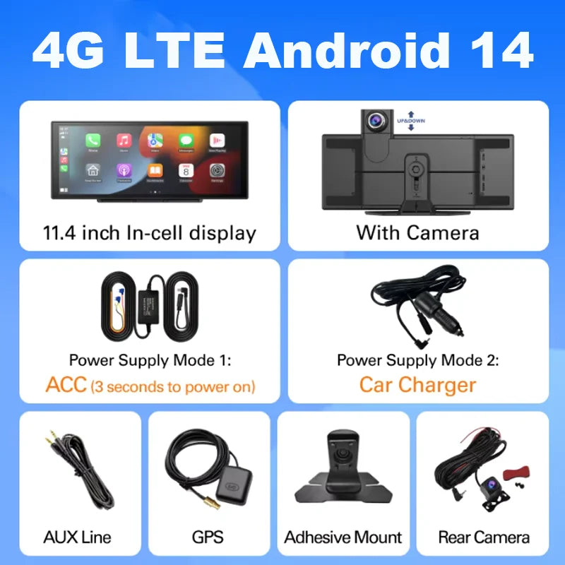 11.4inch 4G Android 14 8+128G Dashcam 8 Core Wireless CarPlay & Android Auto Split Screen Remote Monitoring Car DVR