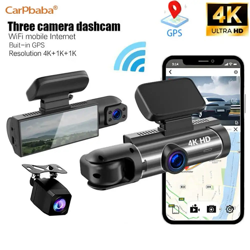 4K+1080P+1080P HD WiFi Dash Cam for Car DVR Camera Video Recorder Auto Night Vision WDR Voice Control Wireless 24H Parking Mode