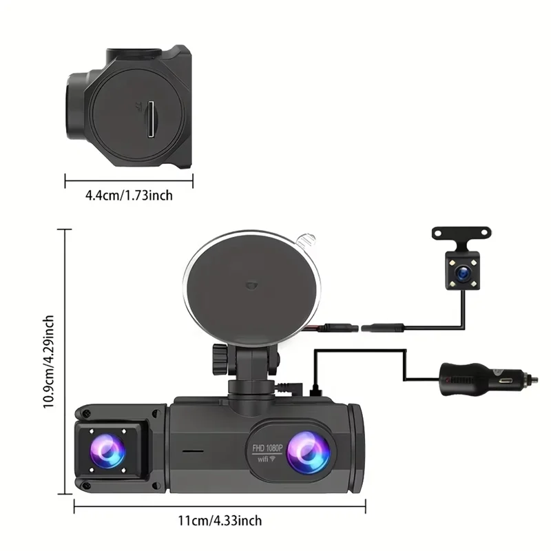 SUNRI-Car Dash Cam DVR Camera 1080P Wifi 3-Lens Inside Vehicle Three Way Video Recorder Registrator Camcorder