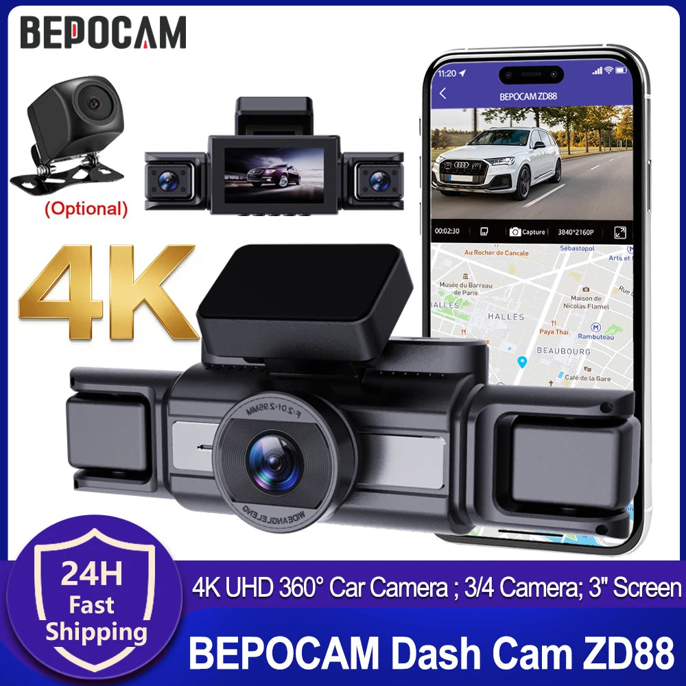 BEPOCAM Dash Cam 4K 4 Channel Front and Rear Inside 360° Car Camera for Cars Built-in WiFi GPS WDR Night Vision 24H Parking Mode