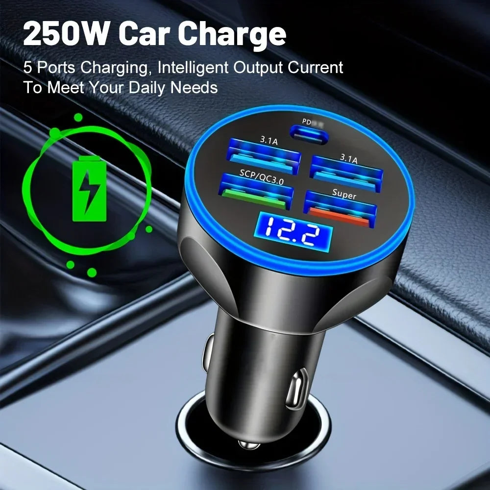Super Fast Charging Car Charger 5-in-1 Adapter Charging Head Converter 4USB+PD Mobile Phone One Tow Three 250W