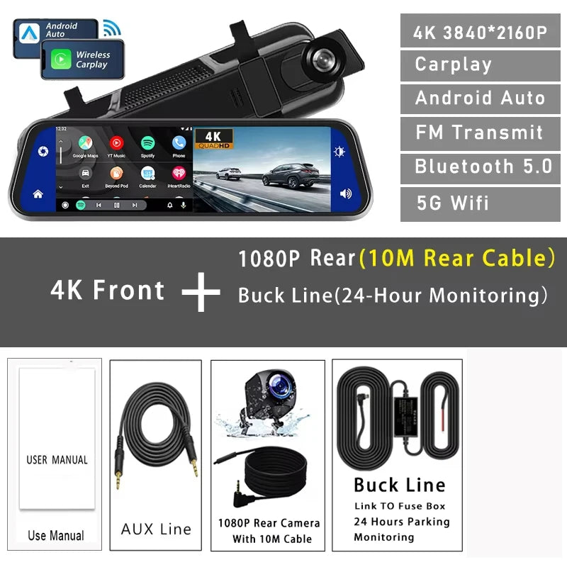 10" Dash Cam 4K 3840*2160P Car Dvr Carplay Android Auto GPS 5G WIFI AUX Stream RearView Mirror Dashcam Camera Drive Recorder FM