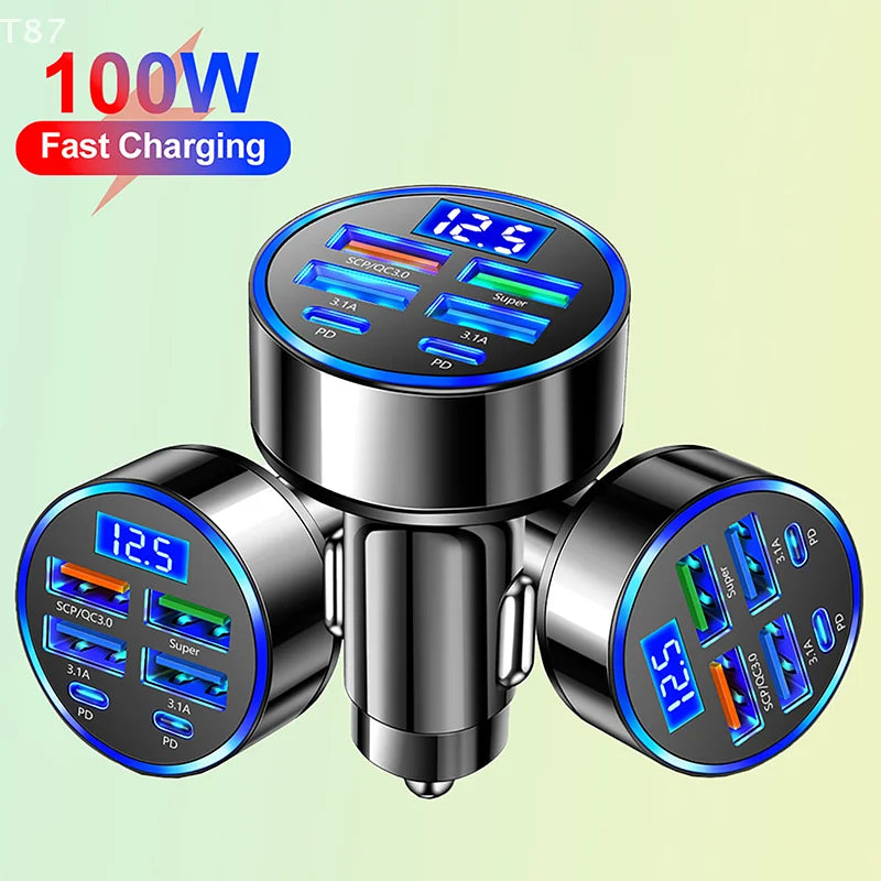 Over 100W Fast Charging Car Charger with 6 USB Type-C Ports for Iphone, Android with Voltage Display