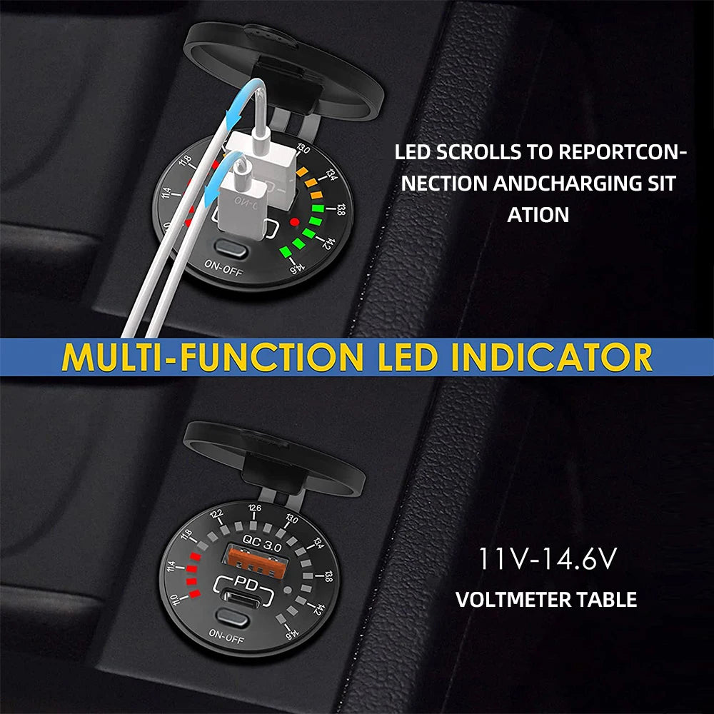 Car Charger with LED  36W Dual USB QC 3.0  12/24V Waterproof USB PD Outlet Fast Charge For Car Motorcycle