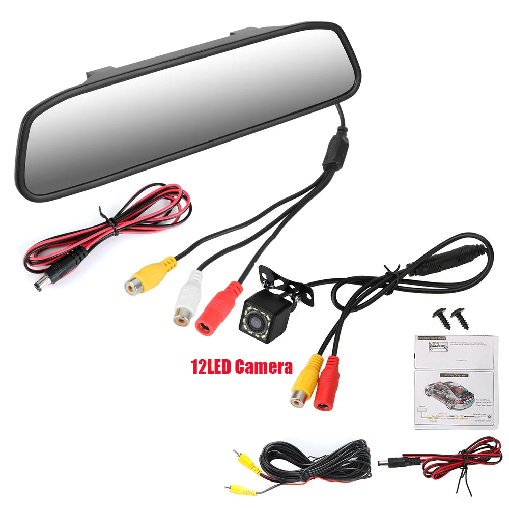 12V Car Player Interior Mirror Rear View Camera Parking Monitor 4.3 Inch Screen HD DVD Video Display PDC Parktronics Accessories