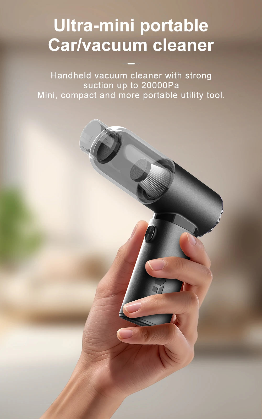 Mini Car Vacuum Cleaner | 20000Pa Strong Suction | 130,000 RPM Brushless Motor | 2*2000mAh Battery | Multi-Nozzle Set