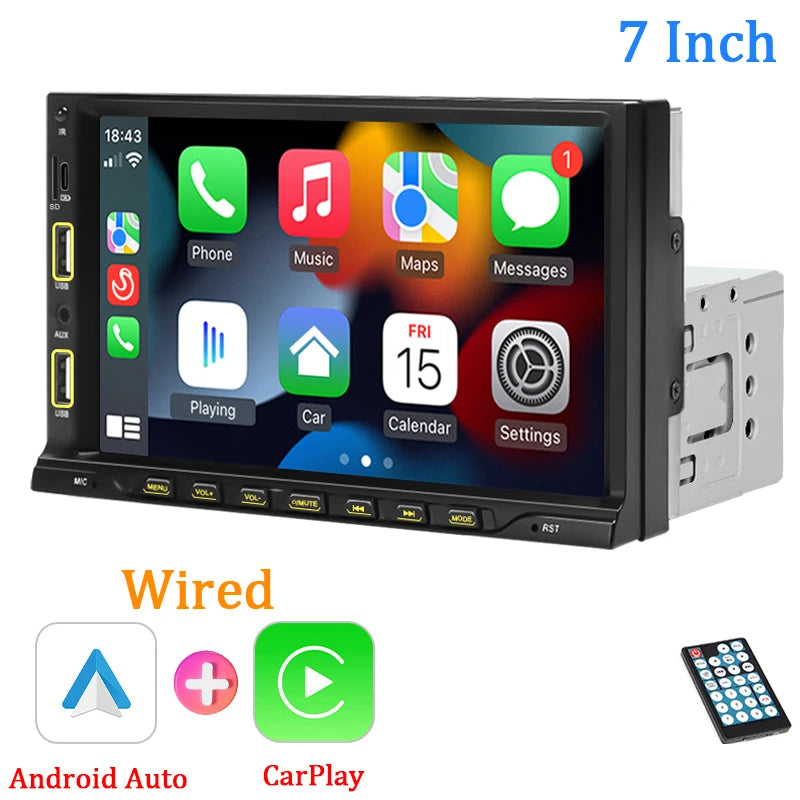 7inch Carplay Android Auto 1 Din Car Radio MP5 Multimedia Player Touch Screen FM Aux Input Bluetooth USB MirrorLink Universal