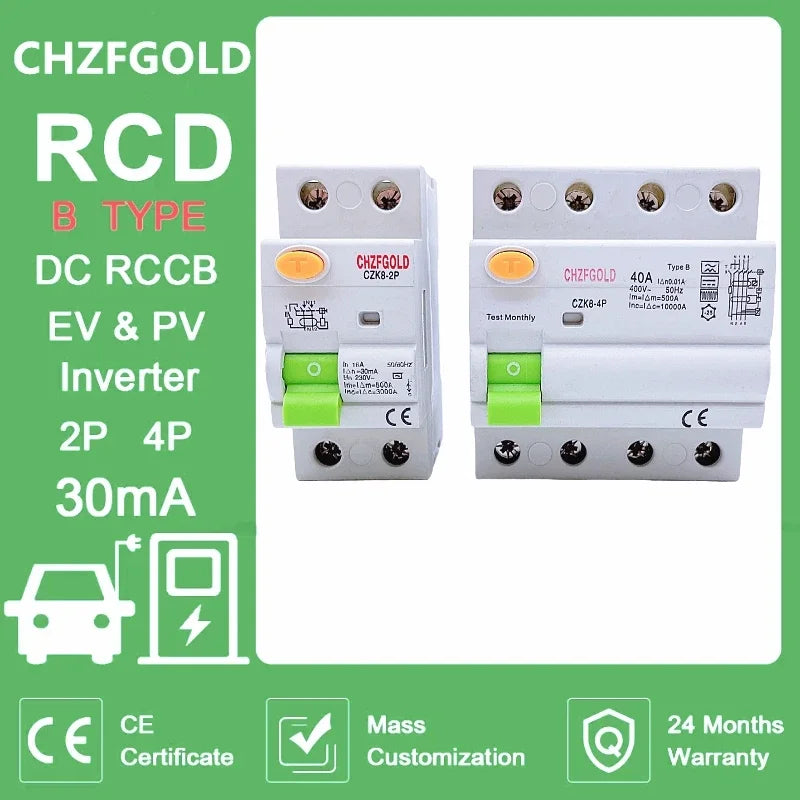 Electric Vehicle EV Charging Pile Residual Current breaker DC RCCB RCD 2P/4P 63A 30mA Type B 6KA CHZFGOLD Din Rail Earth Leakage
