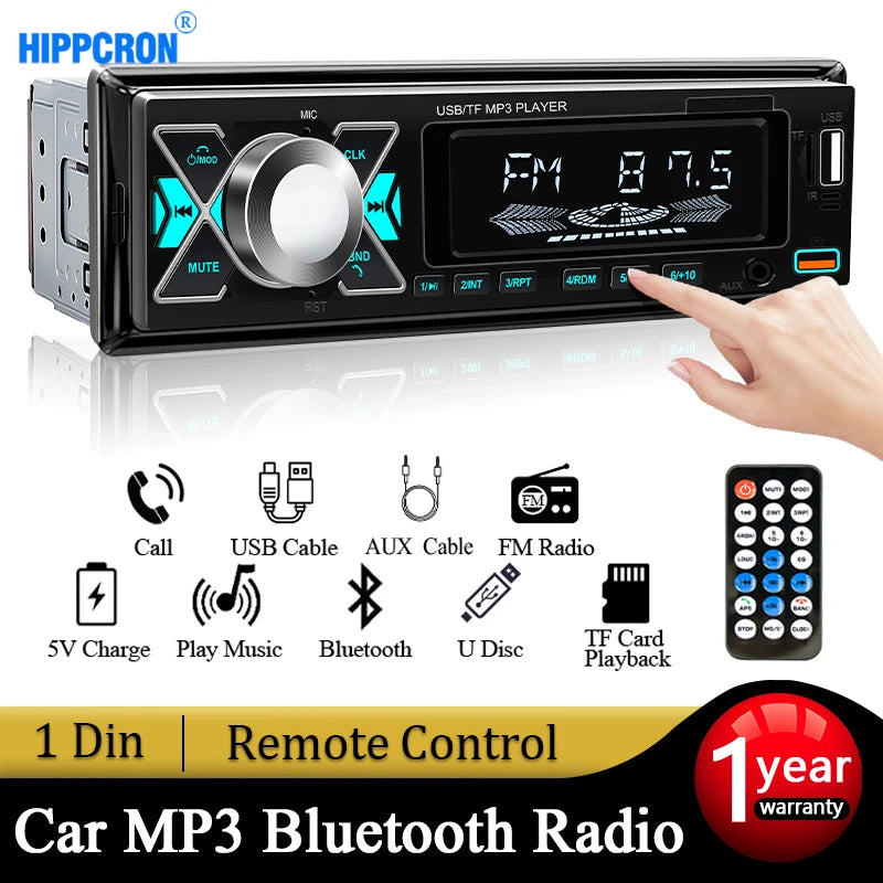 Car Radio 1 Din Stereo Digital Automotive Sound Modules FM Audio Receiver Music Double USB/BT/TF Card with In Dash AUX Input MP3