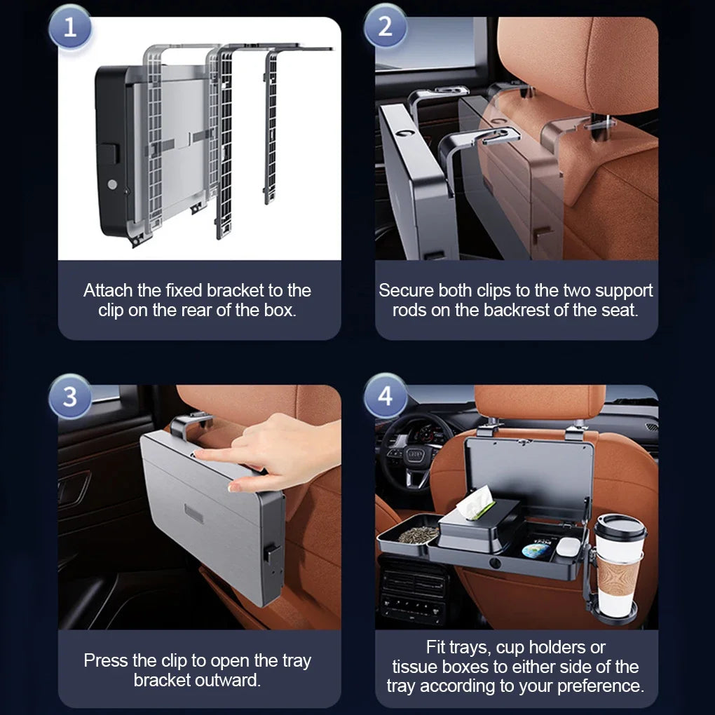 Car Backseat Organizer with Foldable Tray Dual Cup Holders Large Storage Space Easy to Install Vehicle Seat Back Accessories