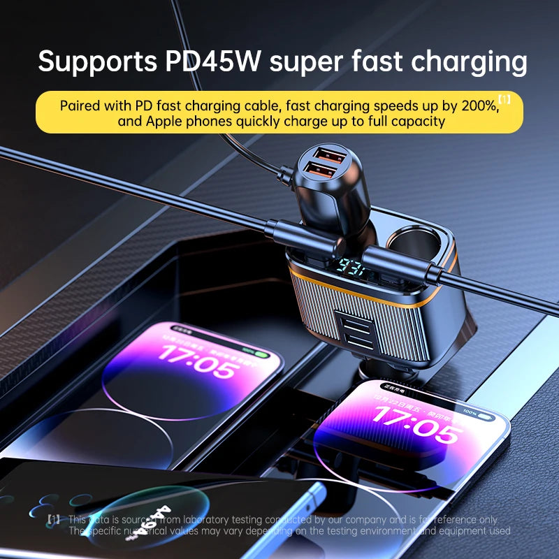 Car Charger 145W Dual USB Ports Type C PD Fast Charge Adapter For Xiaomi Huawei Phone Charger Car Socket Cigarette Lighte