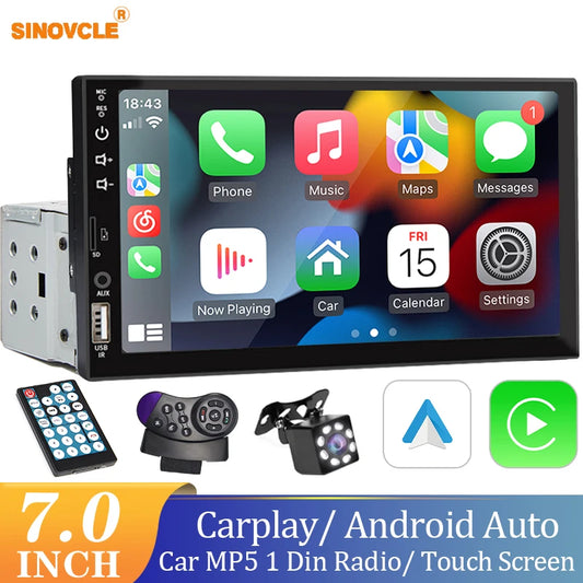 7“ Car Radio 1 Din Multimedia Player With Android Auto Carplay HD Touch Screen FM AUX Input Bluetooth MirrorLink Autoradio