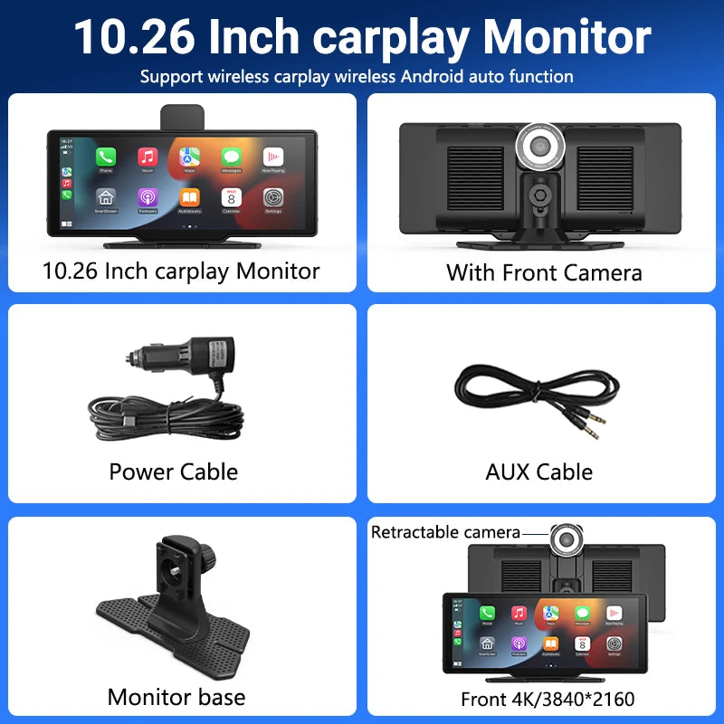 11.26 inch IPS Touch Screen Multimedia Video Player Portable 4K DVR Wireless CarPlay/Android Auto Dual Lens Driving Recorder