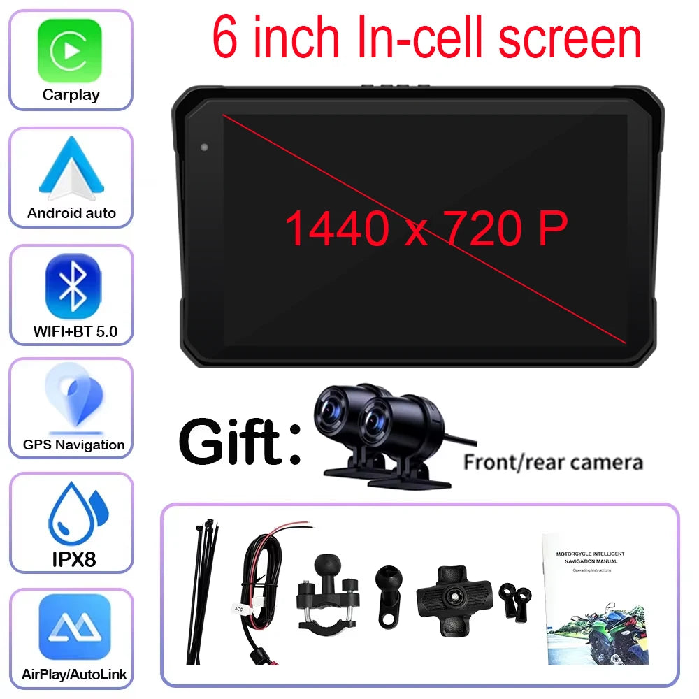 Motorcycle Navigation 6 inch Screen 1440*720P GPS Wireless CarPlay Android Auto Motorcycle GPS Motor DVR Monitor TPMS Optional