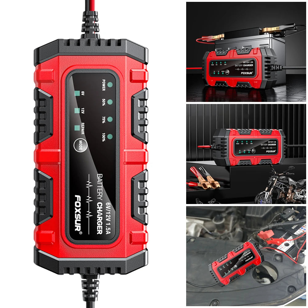 6V/12V 1.5A Car Battery Charger Smart Charger Car and Motorcycle Battery Charging Unit for Lead-Acid AGM GEL Batteries