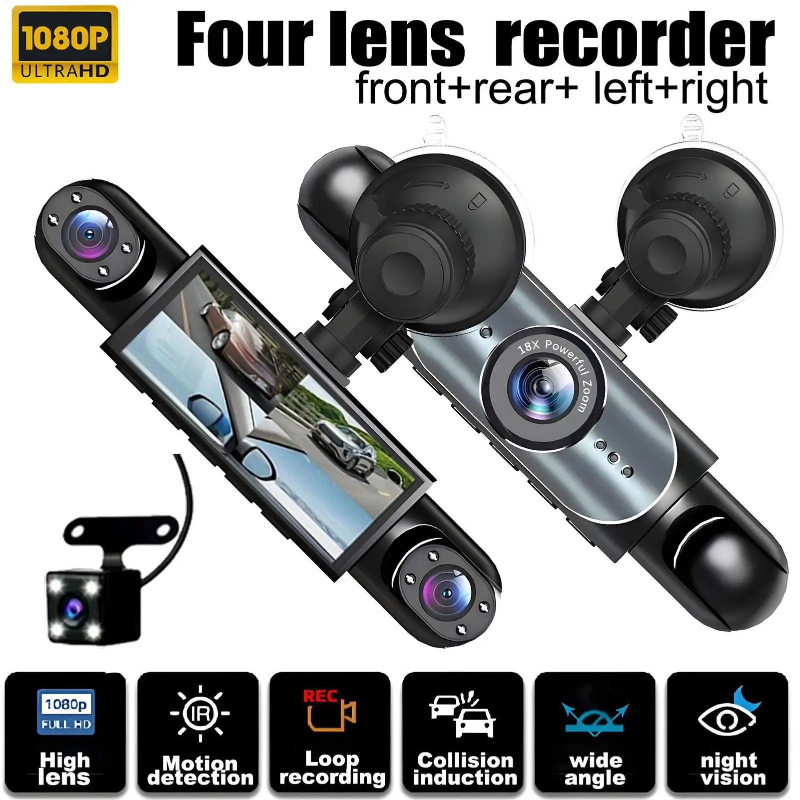 4 Channel Battery Powered Dash Cam 1080P Monitor Dashboard Camera With 32G Card Rear Reversing Image For Left Right Front Blind