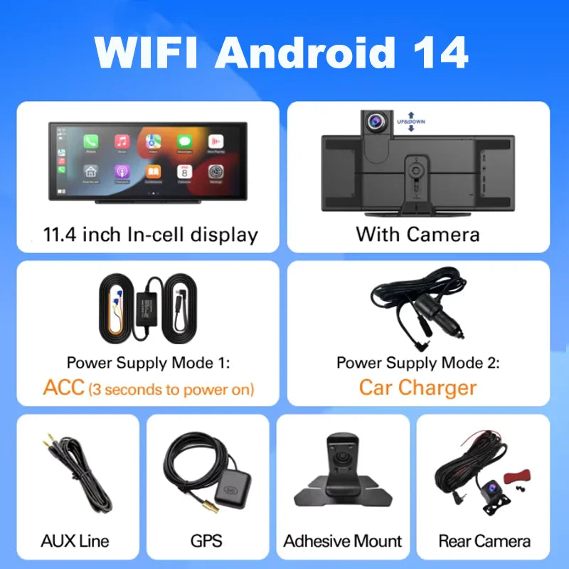11.4inch 4G Android 14 8+128G Dashcam 8 Core Wireless CarPlay & Android Auto Split Screen Remote Monitoring Car DVR