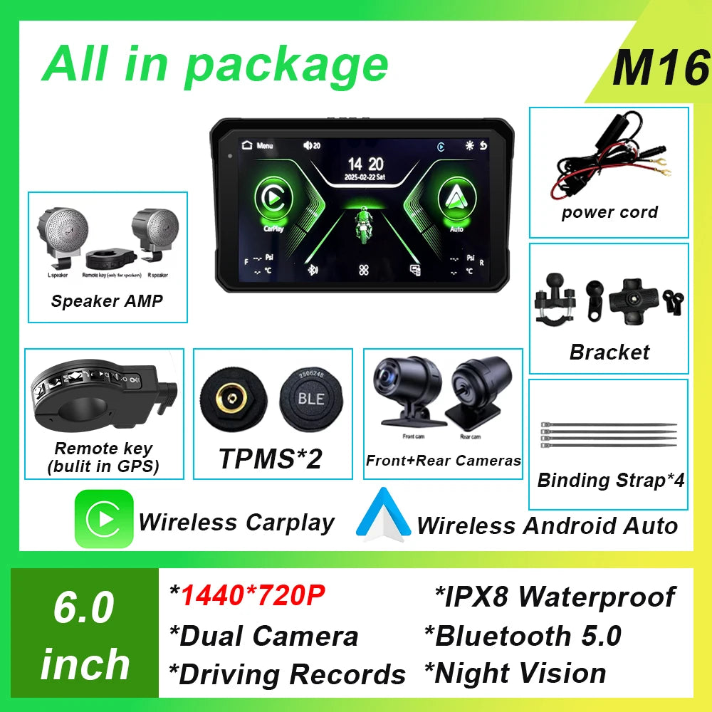 6 inch Screen For Car Motorcycle Waterproof  IPX8 Monitor Dash Cam GPS Navigation Wireless Carplay Android Auto With TPMS DVR