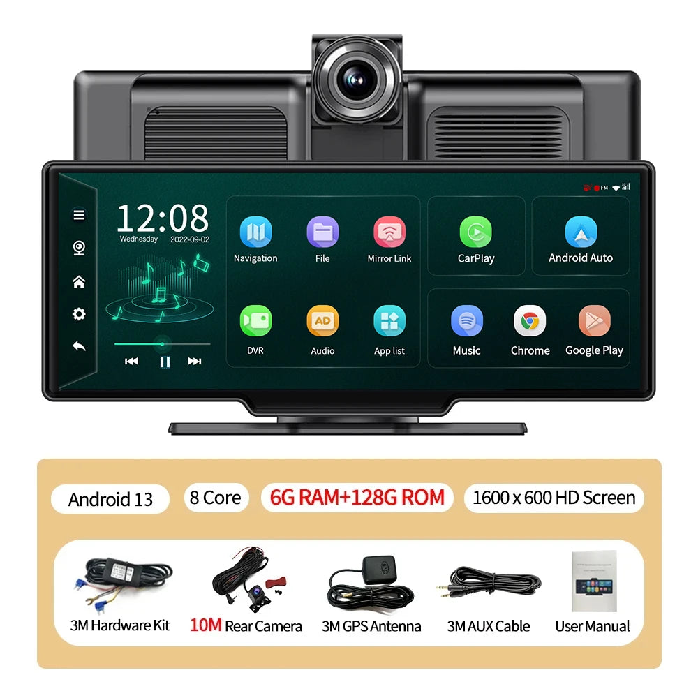 10.26''Dashboard Android 13 Dash Cam 5.1Bluetooth U Disk ADAS GPS Navigation FM AUX 24H Parking Monitor Car DVR Video Recorder