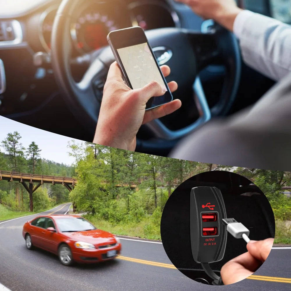 Car Charger 5V 3.1A LED Dustproof Phone Charger Waterproof Auto Adapter Dual USB Ports for Car RV Camper Caravans