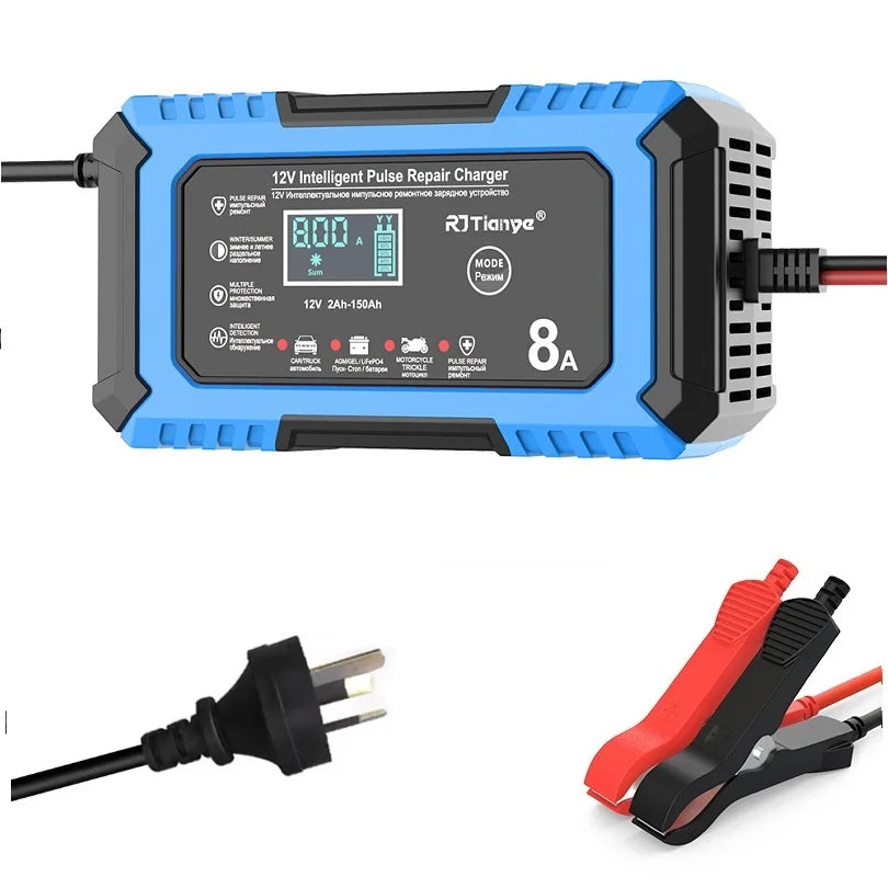 AU plug Car Battery Charger 12V 8A  Car and Motorcycle Battery Charging Device  Lead-acid Battery Smart Repair LCD Display