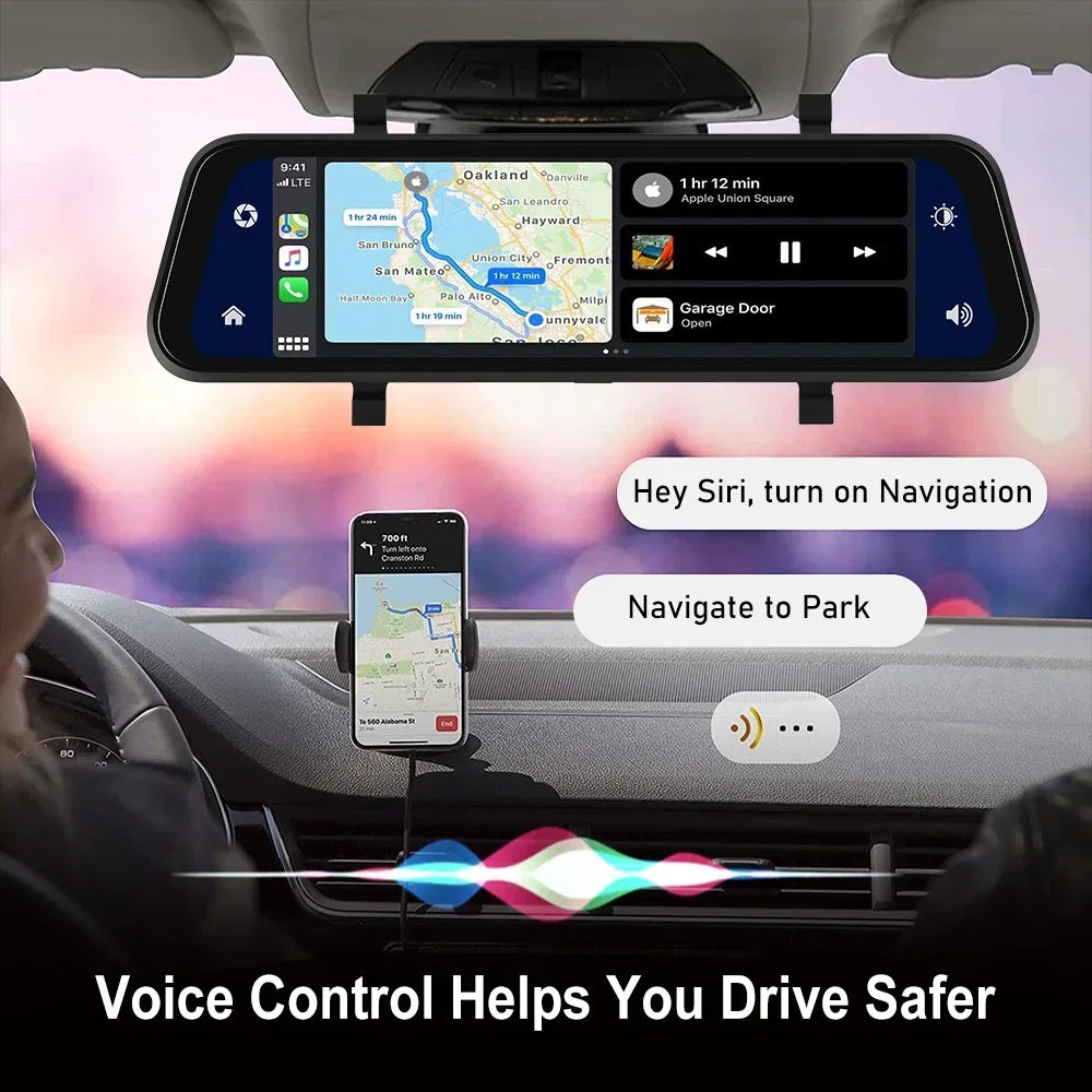 Car Dvr 9.66 Inch Touch Screen Stream Rear View Dash Cam Mirror Dual Camera Drive Recorder Carplay Android Auto Bluetooth