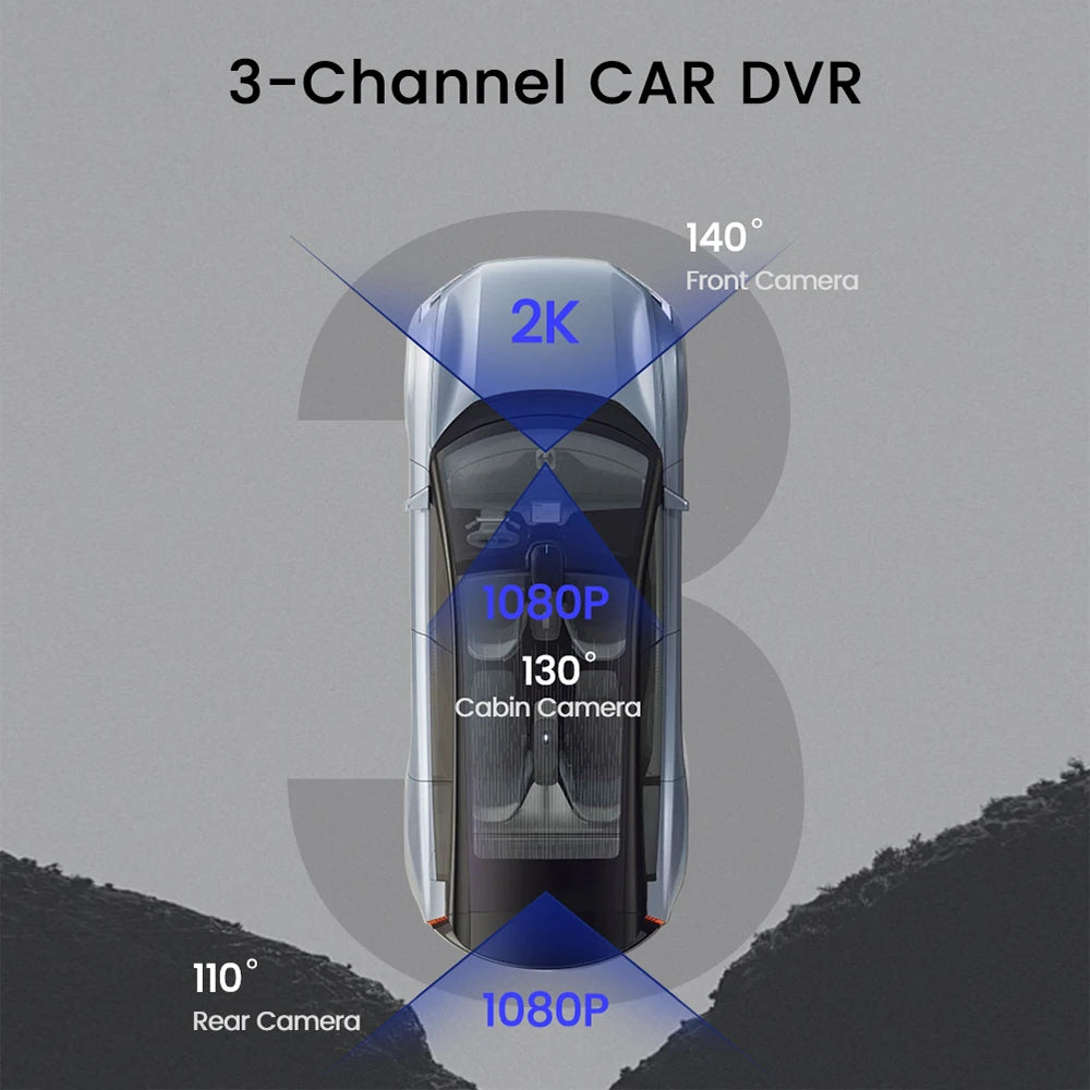 3 Camera Lens Car DVR 2K HD Dash Cam 24 H parking monitoring WiFi mobile interconnection automatic loop recording Night Visionn