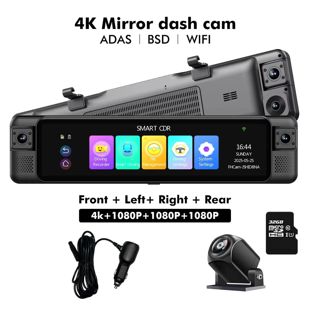 4CH Dash Cam 11" 4K+1K+1K+1K WIFI Rear View Mirror 4 Cameras Video recorder Car DVR ADAS BSD Night Vision 24H Parking Monitor