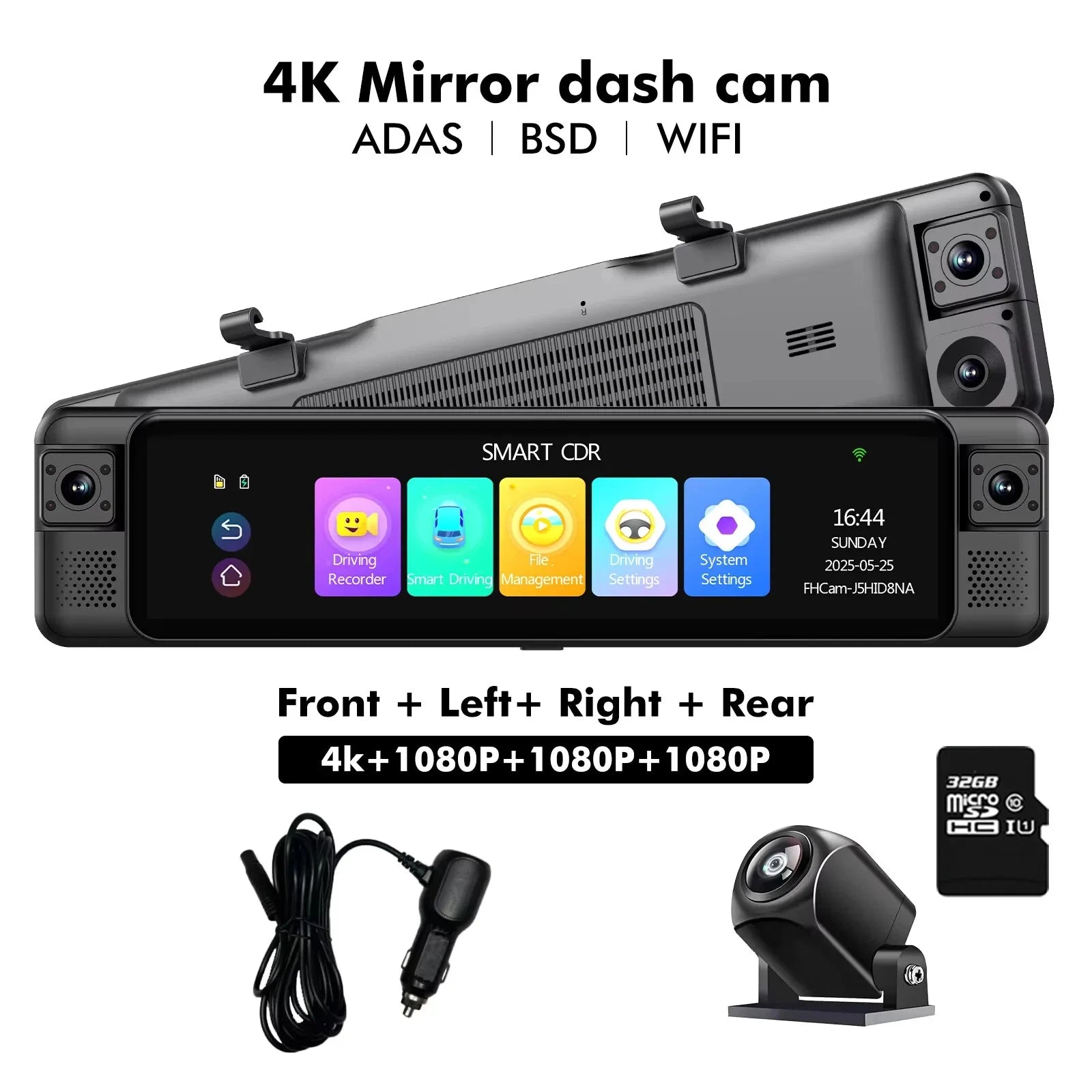 4CH Dash Cam 11" 4K+1K+1K+1K WIFI Rear View Mirror 4 Cameras Video recorder Car DVR ADAS BSD Night Vision 24H Parking Monitor