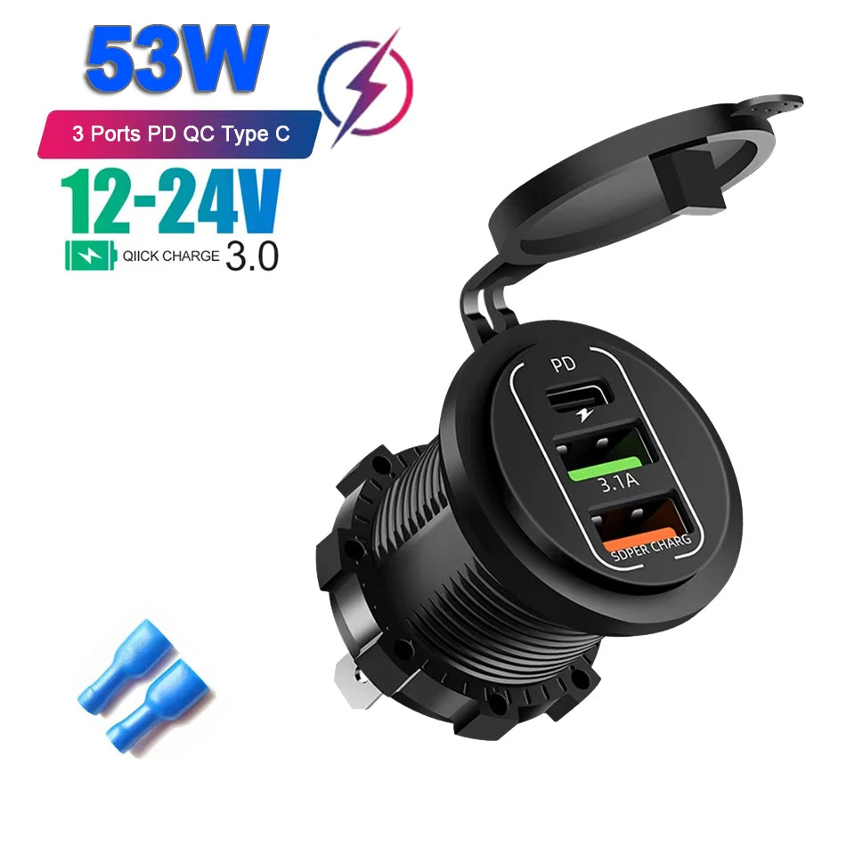 86W Car Charger PD Type C QC3.0 Fast Charging with Voltmeter Power Outlet Adapter Waterproof 12V/24V for Car Boat Motorcycle
