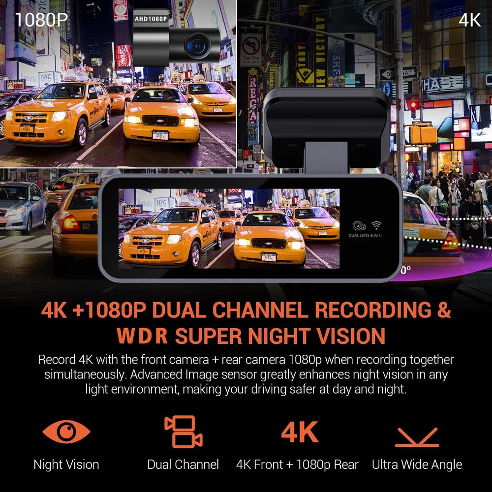 Dash Cam 4K 3840*2160P Car DVR WIFI GPS Mini Dual Lens Camera Front and Rear Dashcam Black Box Video Drive Recorder Night Vision