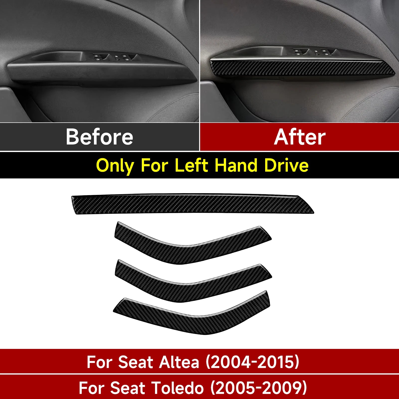 For Seat Altea Toledo (2004-2015) Trim Accessories, Carbon Fiber Interior Sticker, Car Door Armrest Panel Decoration Strip.