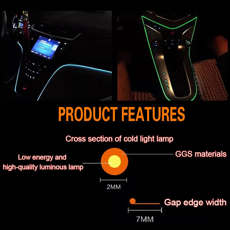 LED Car Ambient Lamp Car Interior Decoration Light Cold Light Strips  Waterproof Dashboard Console Lamp1/2/3/4/5M 12V Universal