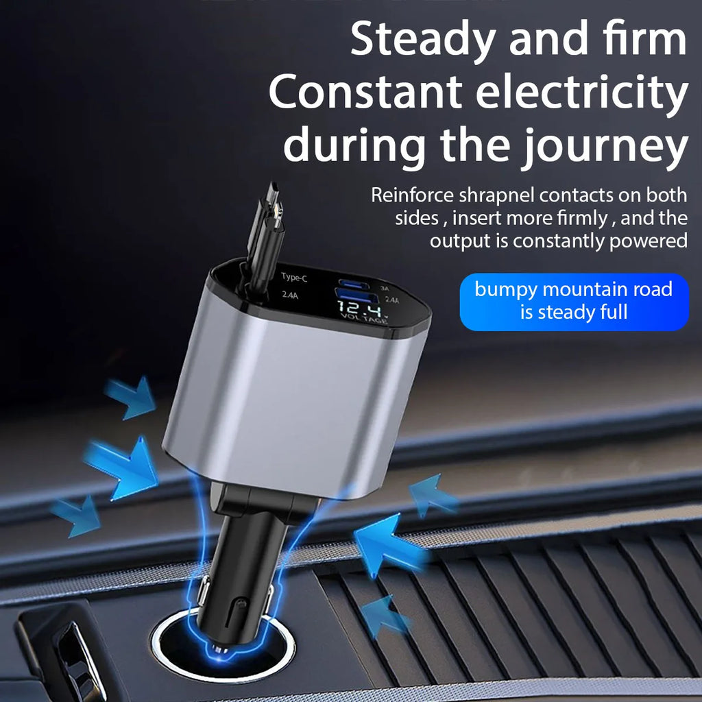 Retractable Car Charger, 4 in 1 Fast Charging Car Charger 120W, Retractable Cable and 2 USB Ports Car Charger Adapter Compatible